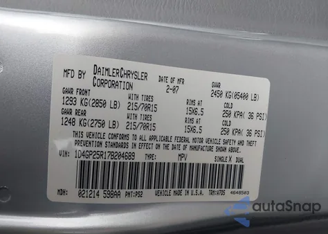 2007 Dodge Caravan Se from USA, damaged, VIN 1D4GP25R17B204689